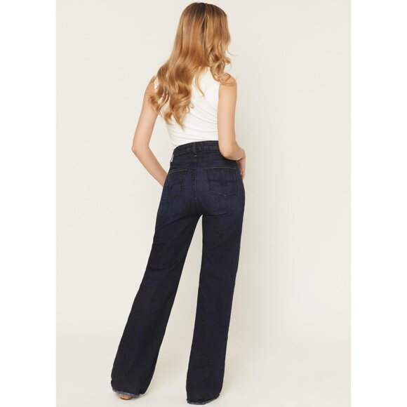Women's Dark Wash High Rise Wide Leg Jeans Raw Hem Western Style - Picture 3 of 4